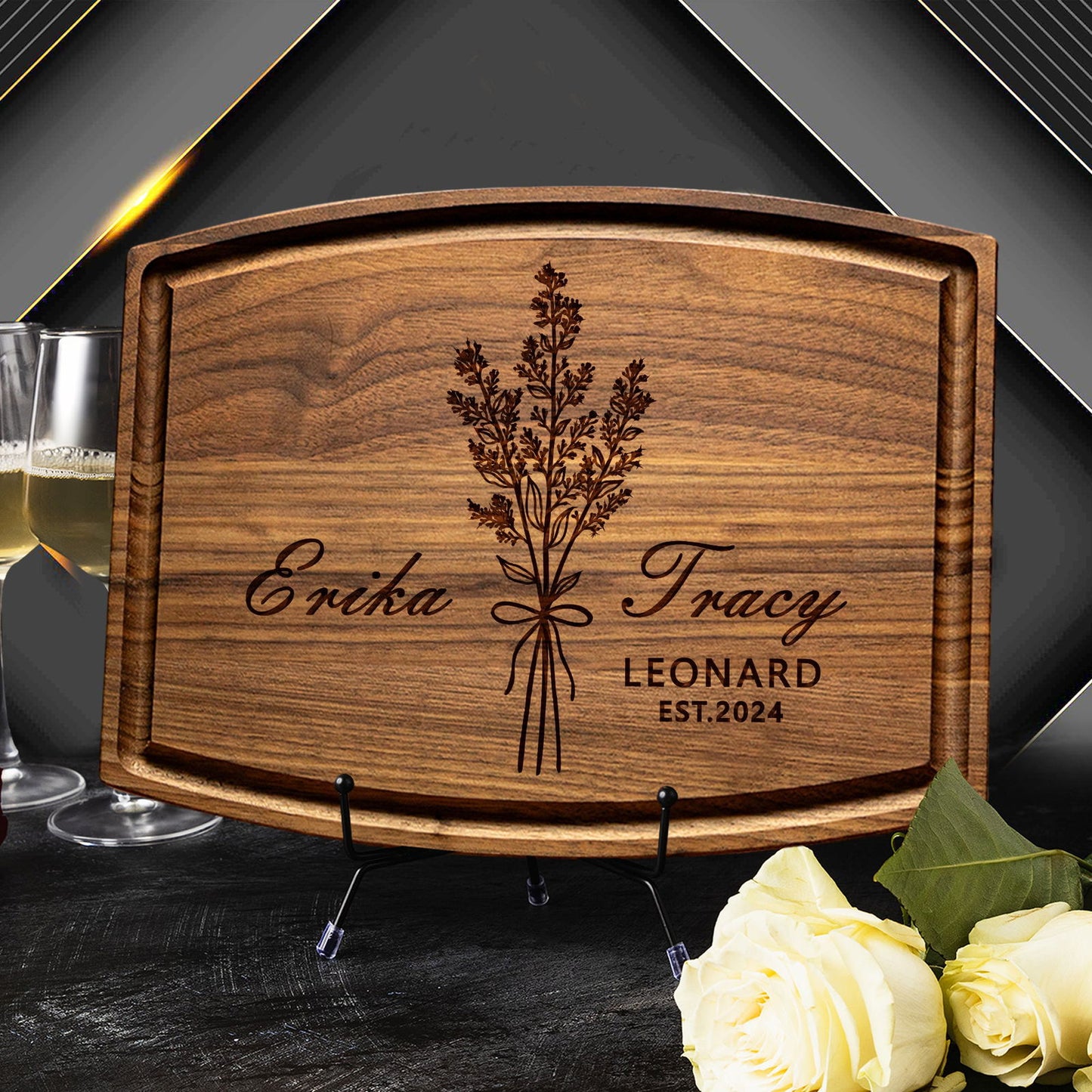 Custom Cutting Board with Floral Bouquet and Elegant Script Design - Tayfus
