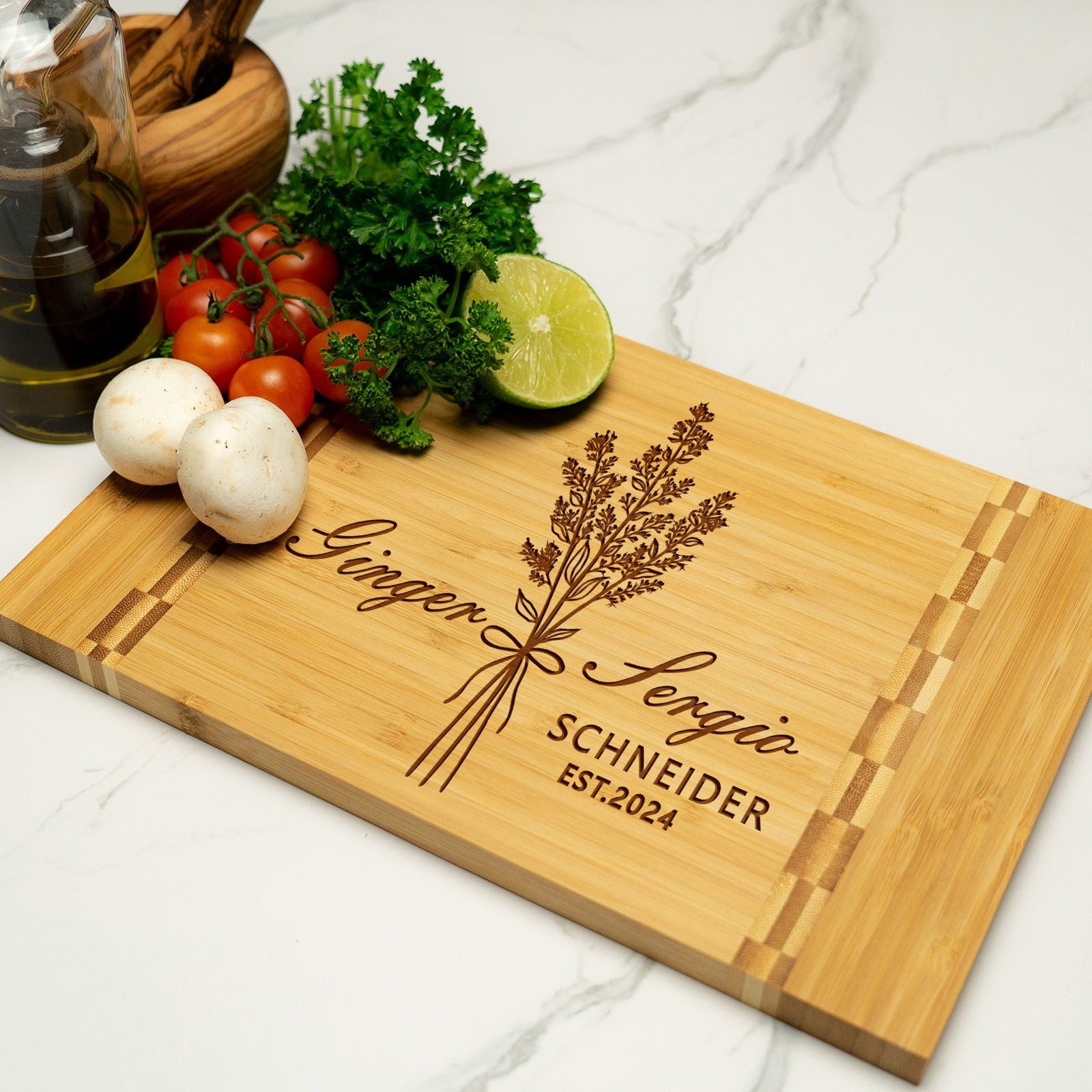Custom Cutting Board with Floral Bouquet and Elegant Script Design - Tayfus