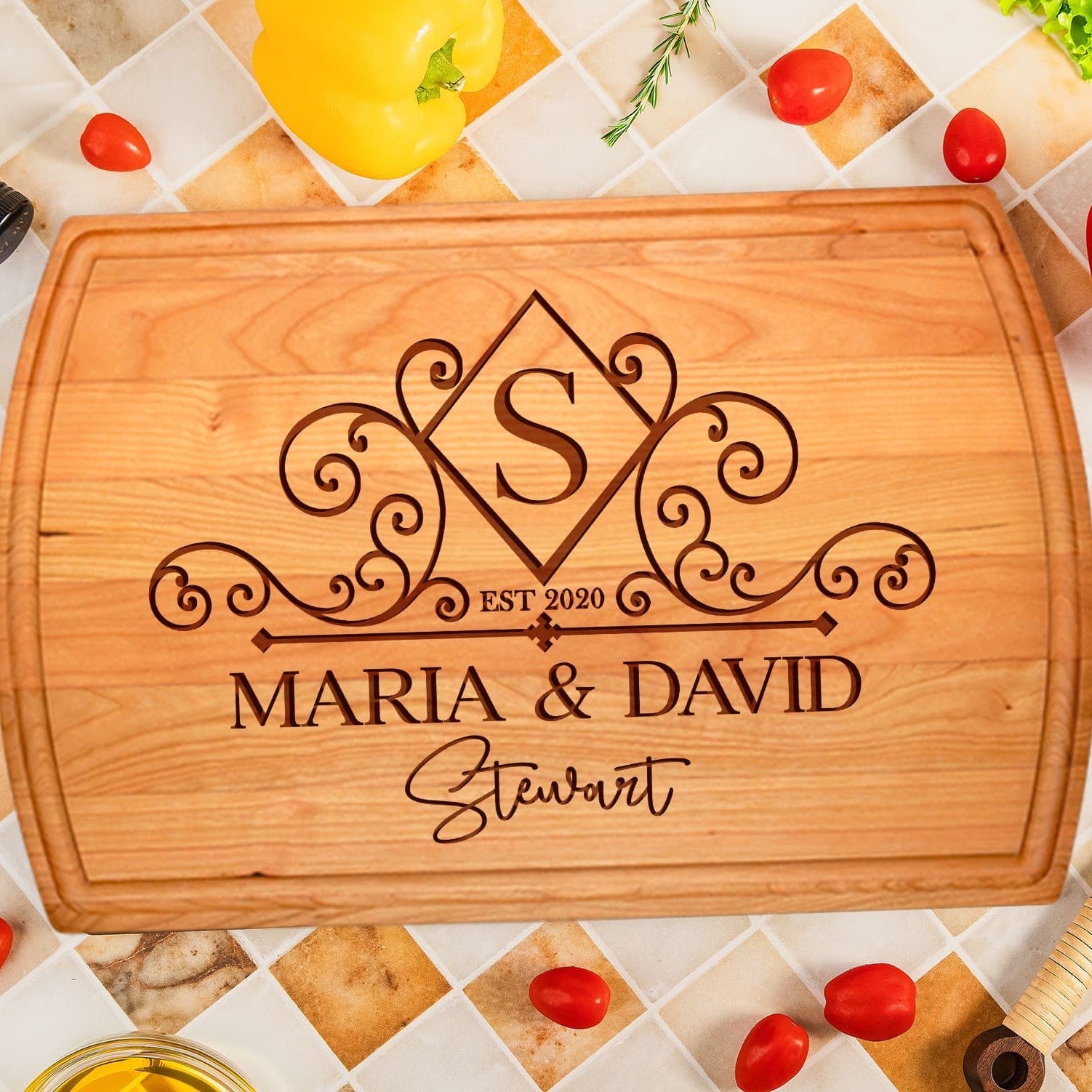 Elegant Personalized Cutting Board with Monogram and Swirl Design - Tayfus