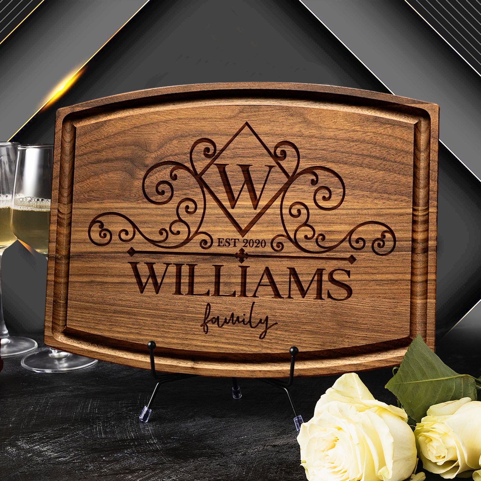 Elegant Personalized Cutting Board with Monogram and Swirl Design - Tayfus