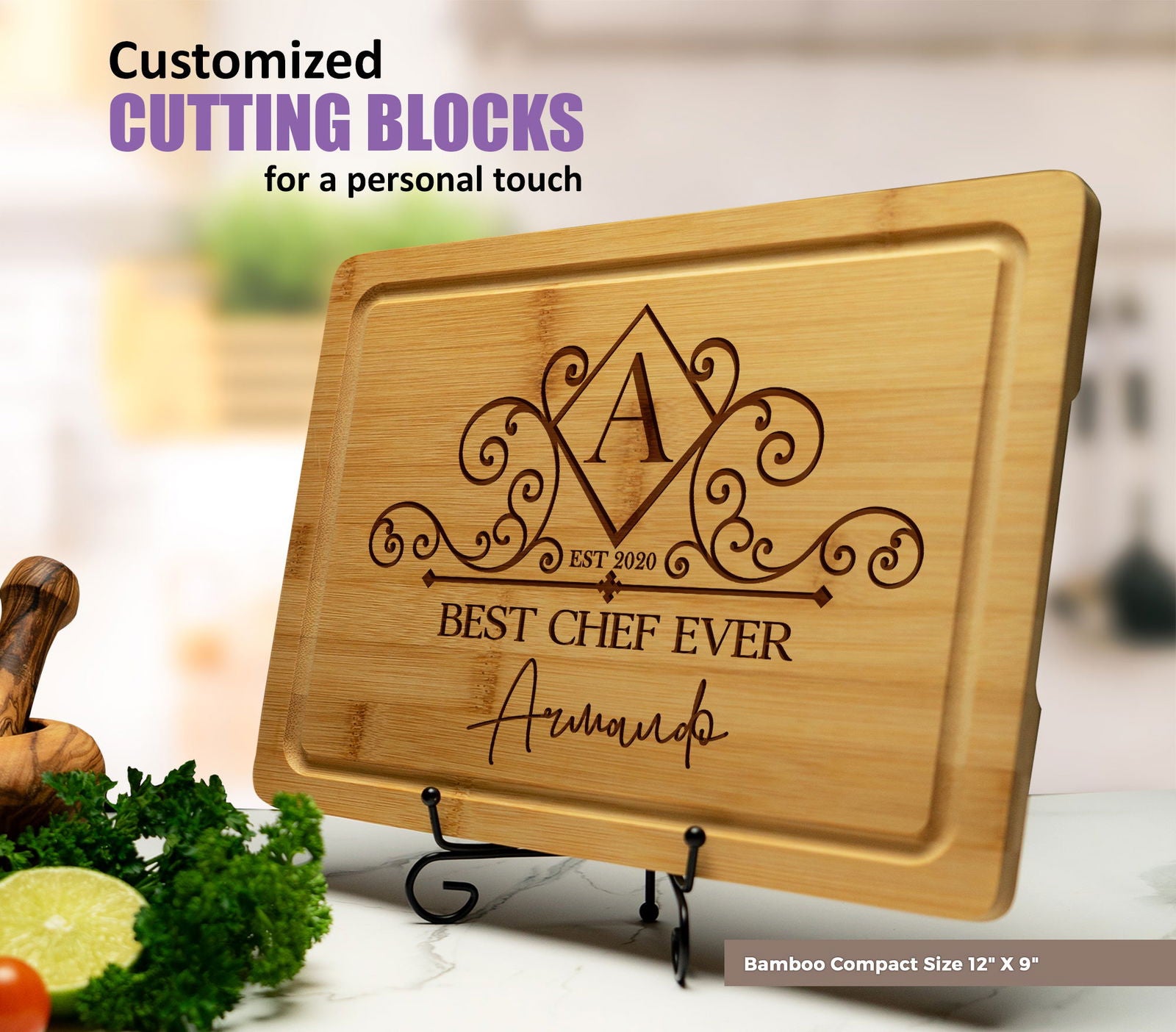 Elegant Personalized Cutting Board with Monogram and Swirl Design - Tayfus