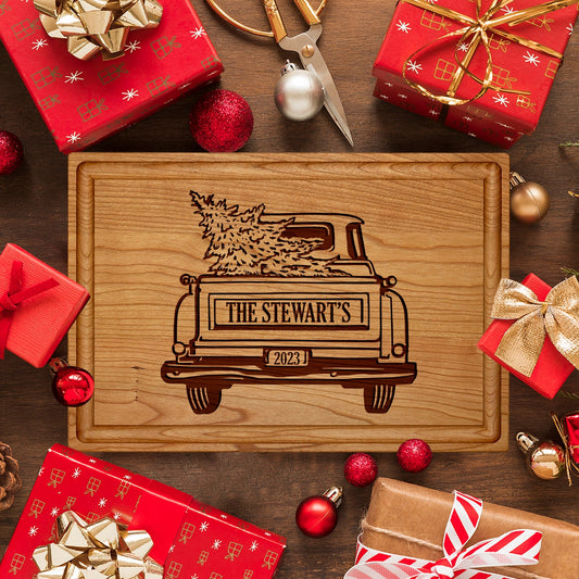 Christmas Cutting Board with Vintage Truck and Family Name - Tayfus
