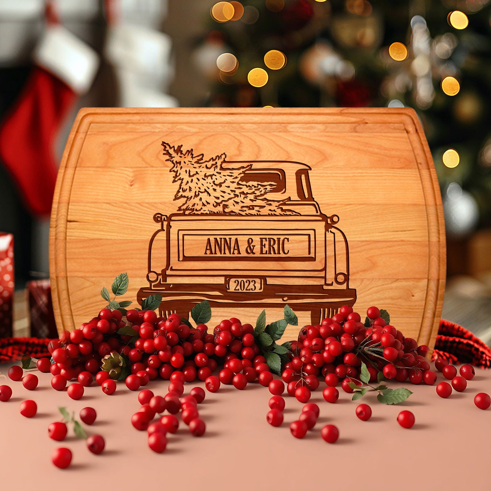 Christmas Cutting Board with Vintage Truck and Family Name - Tayfus