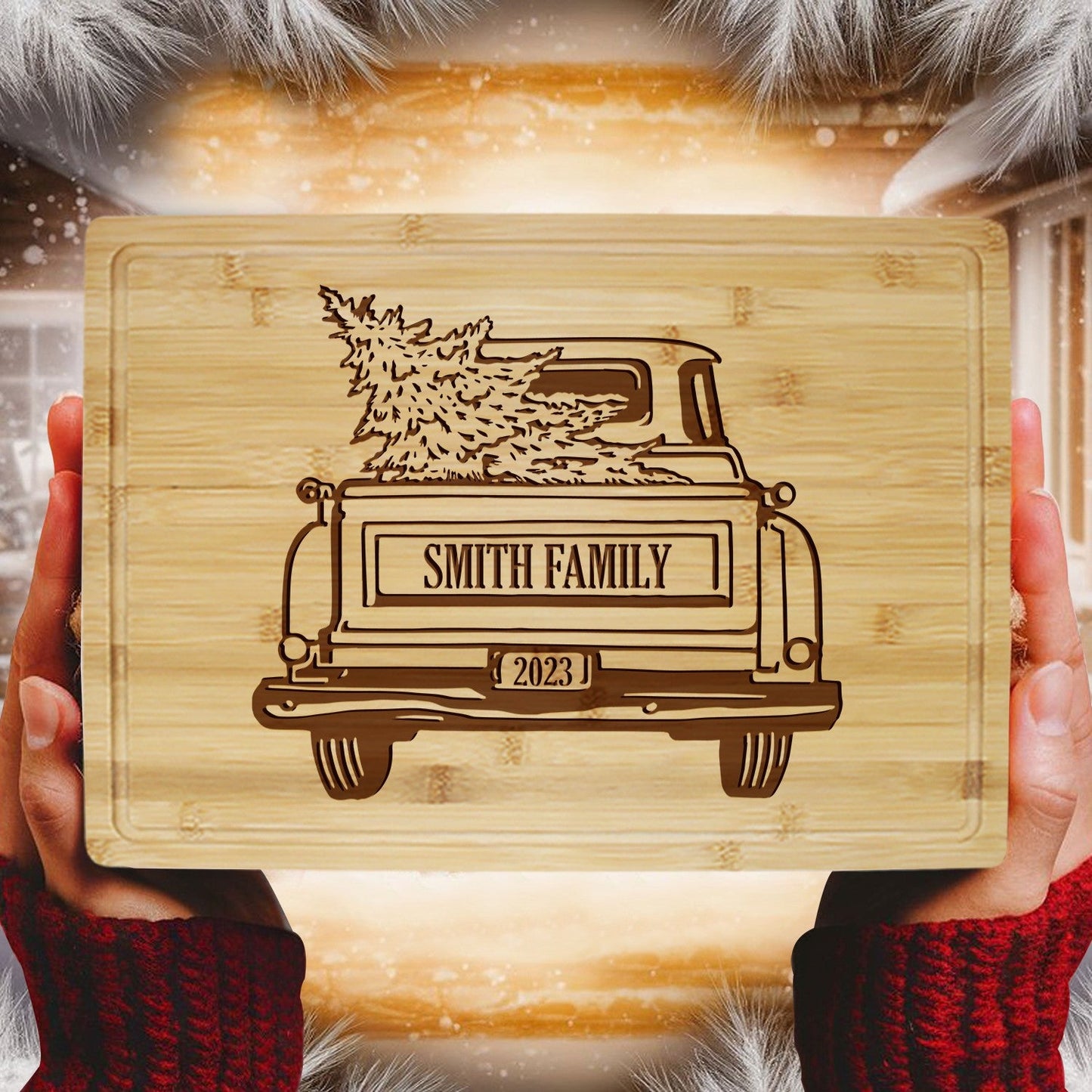 Christmas Cutting Board with Vintage Truck and Family Name - Tayfus