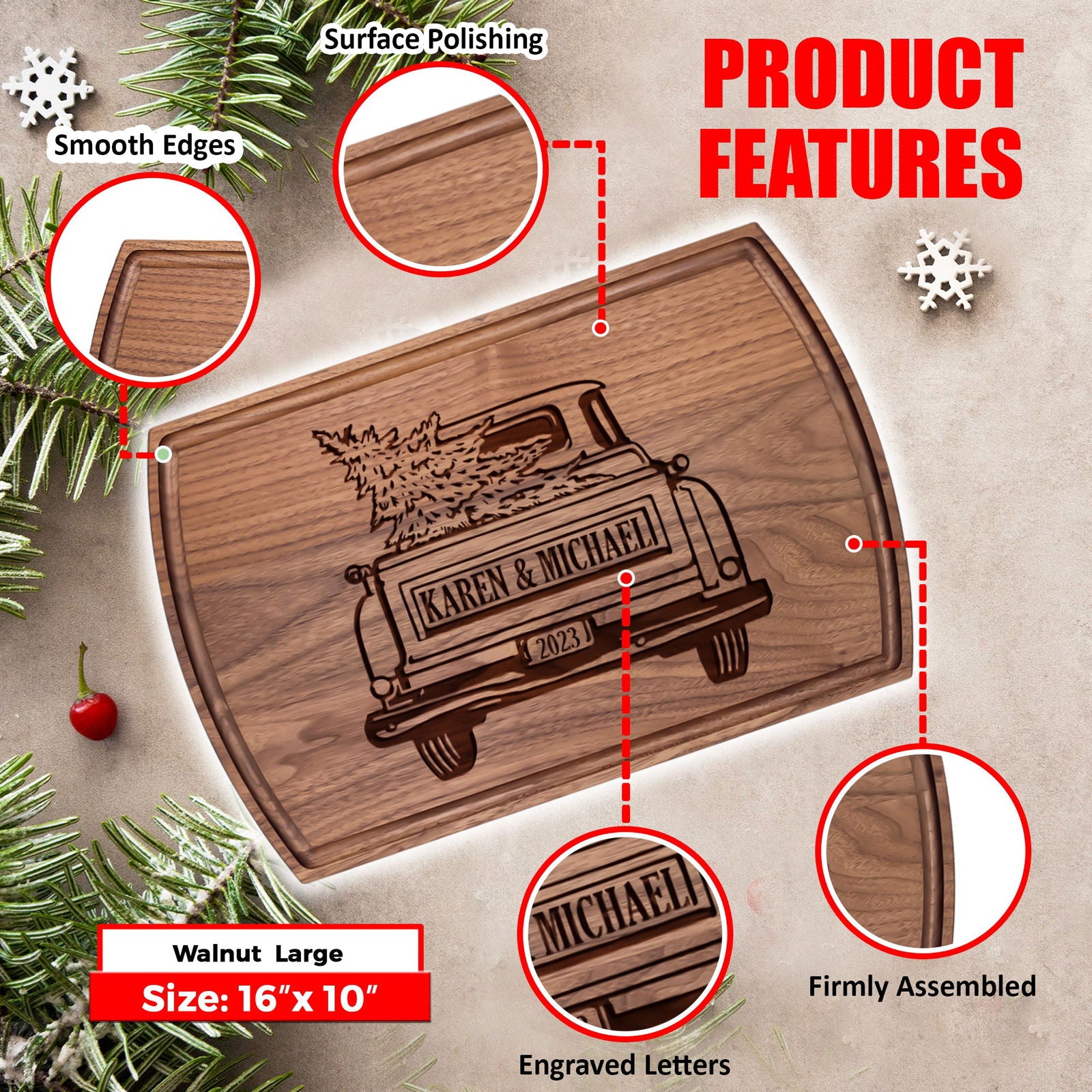 Christmas Cutting Board with Vintage Truck and Family Name - Tayfus