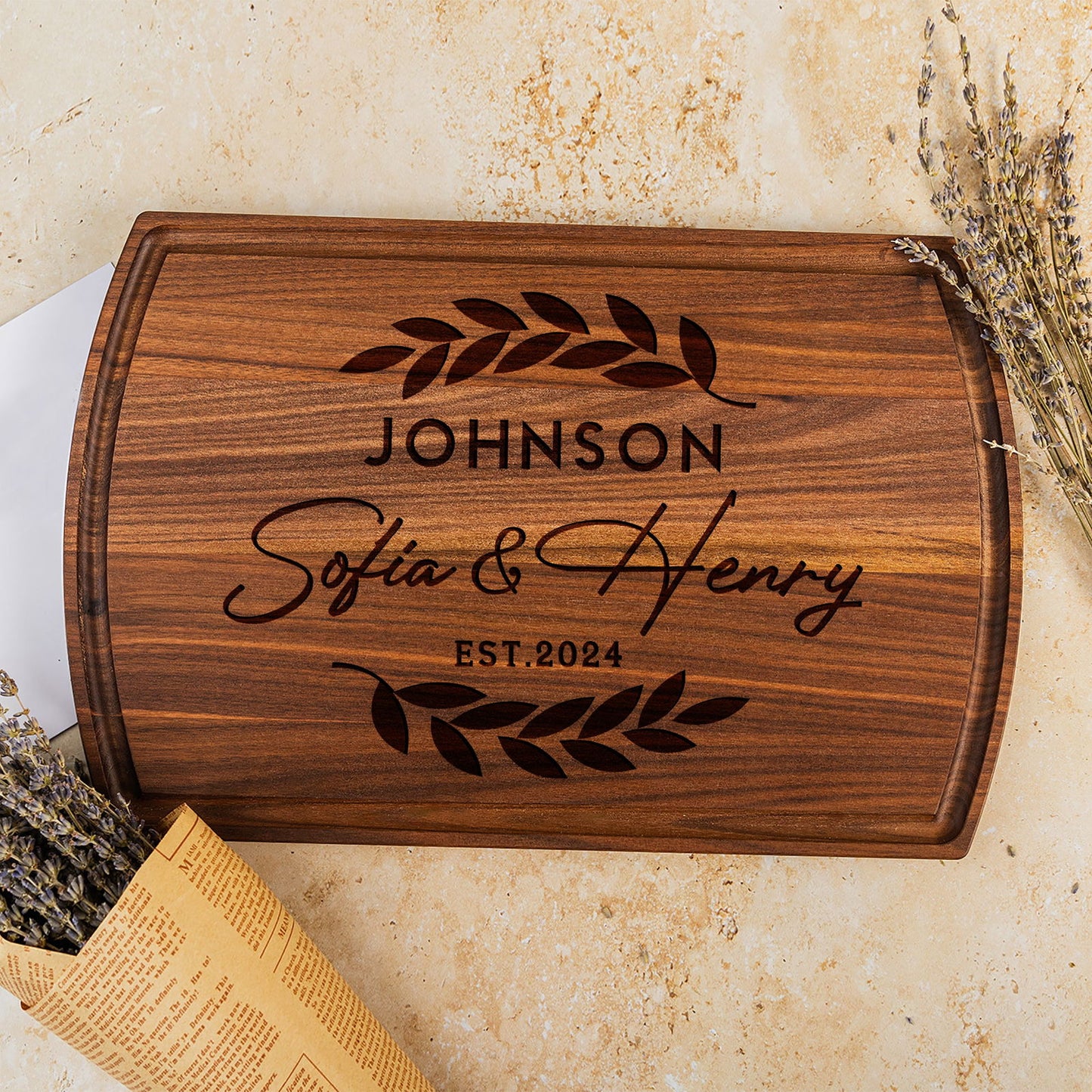 Personalized Cutting Board with Laurel Leaf Design - Tayfus