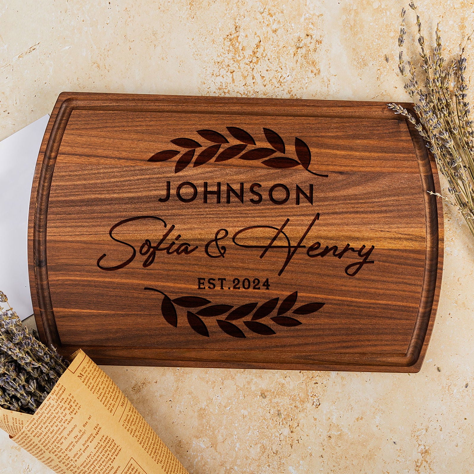 Personalized Cutting Board with Laurel Leaf Design - Tayfus