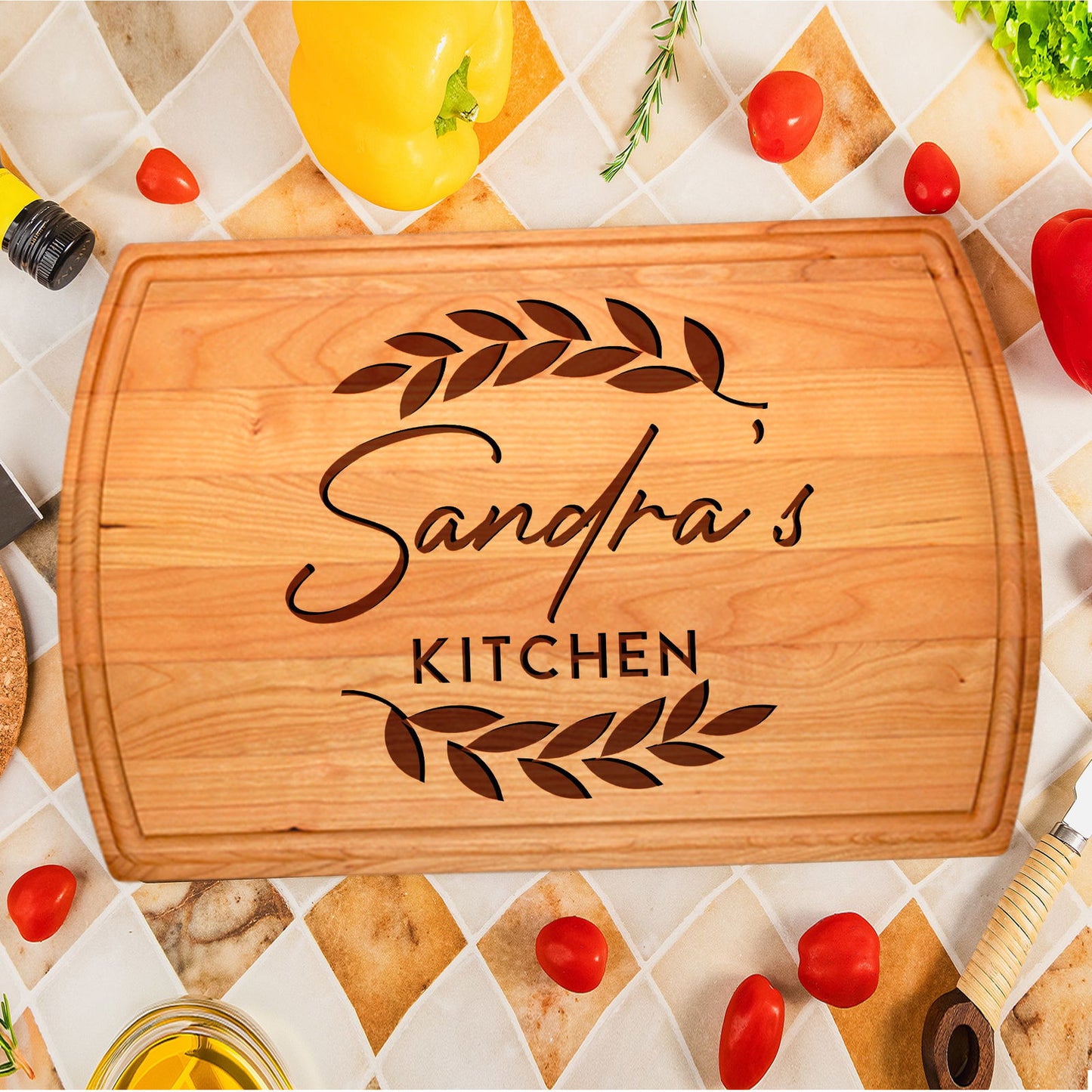 Personalized Cutting Board with Laurel Leaf Design - Tayfus