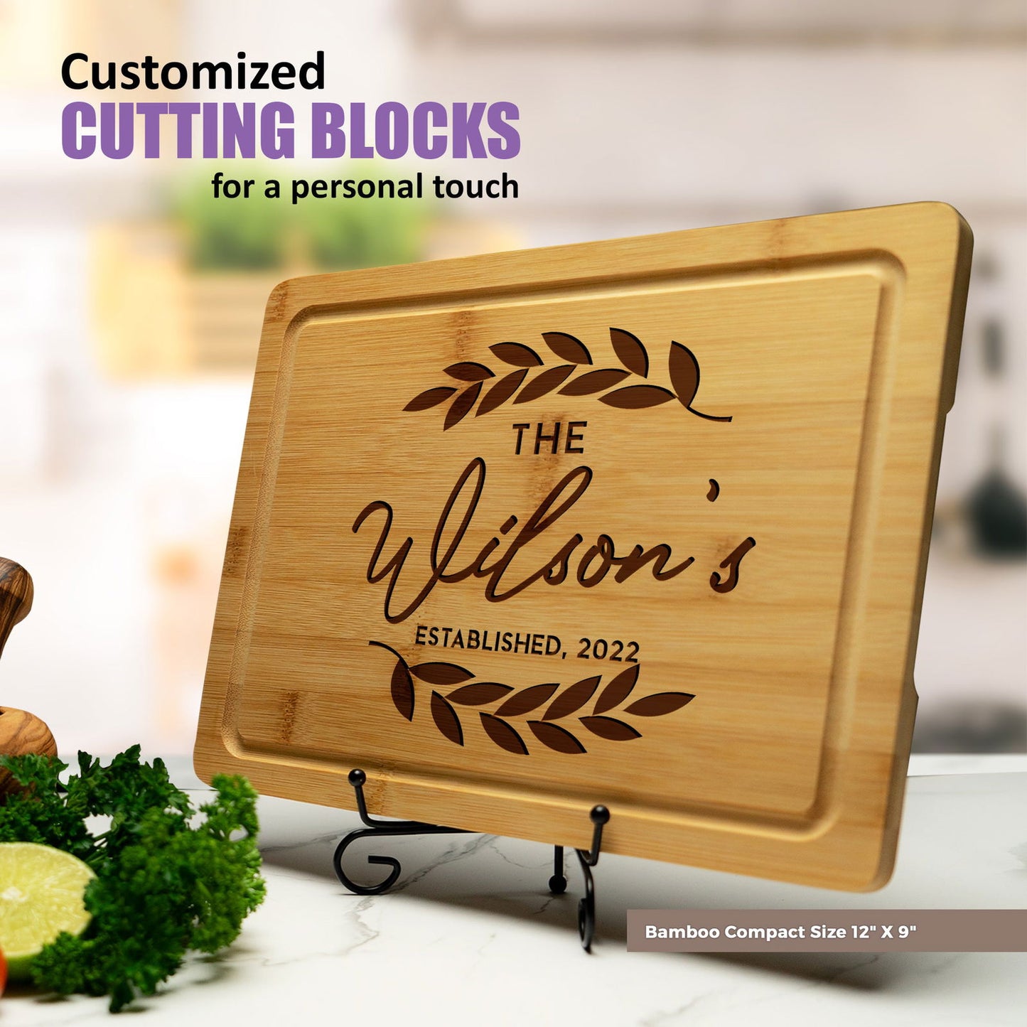 Personalized Cutting Board with Laurel Leaf Design - Tayfus