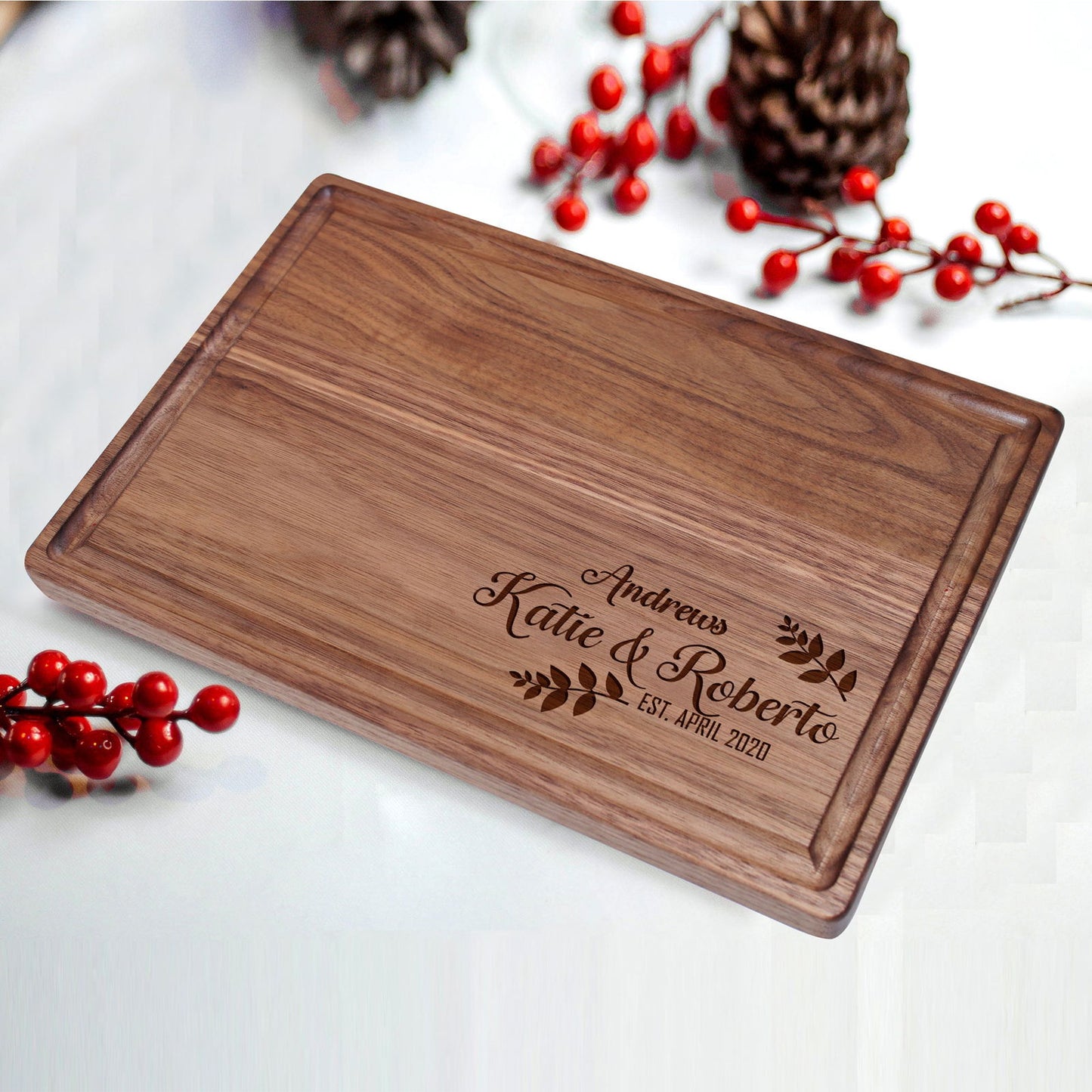 Custom Family Cutting Board with Leaf Motif and Established Year - Tayfus