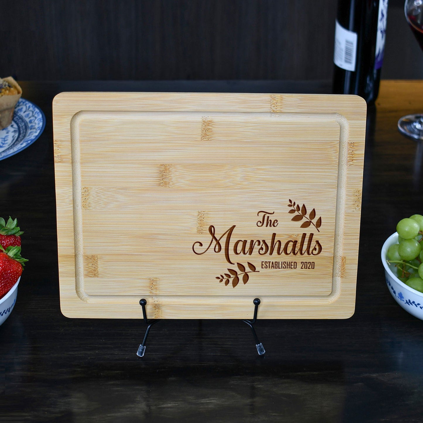 Custom Family Cutting Board with Leaf Motif and Established Year - Tayfus