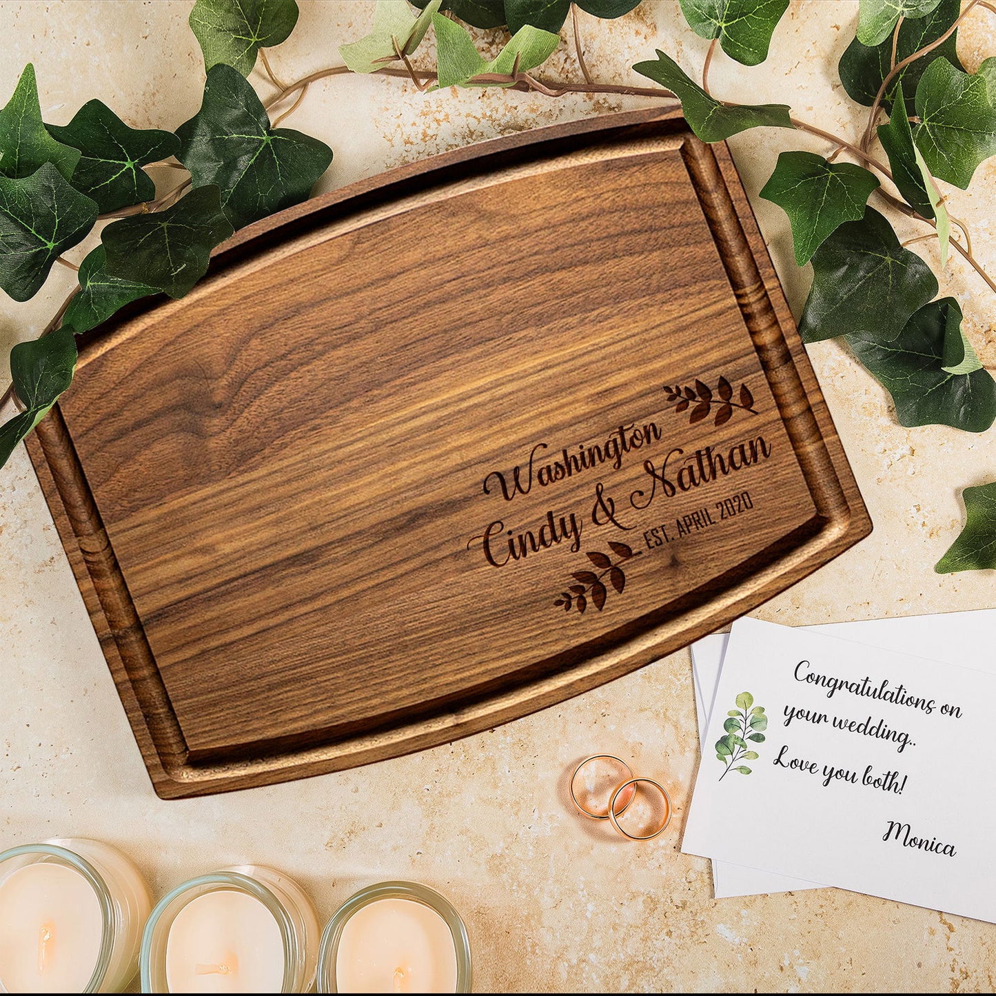 Custom Family Cutting Board with Leaf Motif and Established Year - Tayfus
