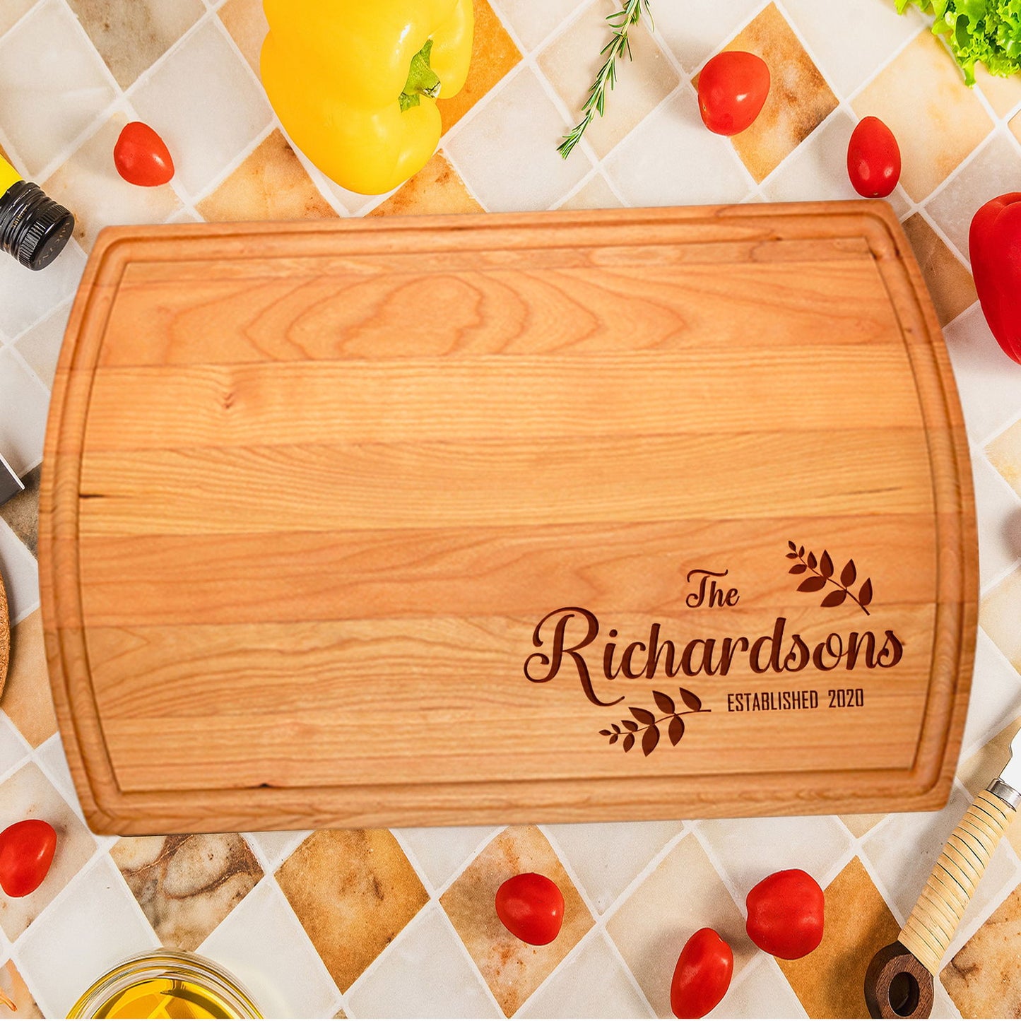 Custom Family Cutting Board with Leaf Motif and Established Year - Tayfus