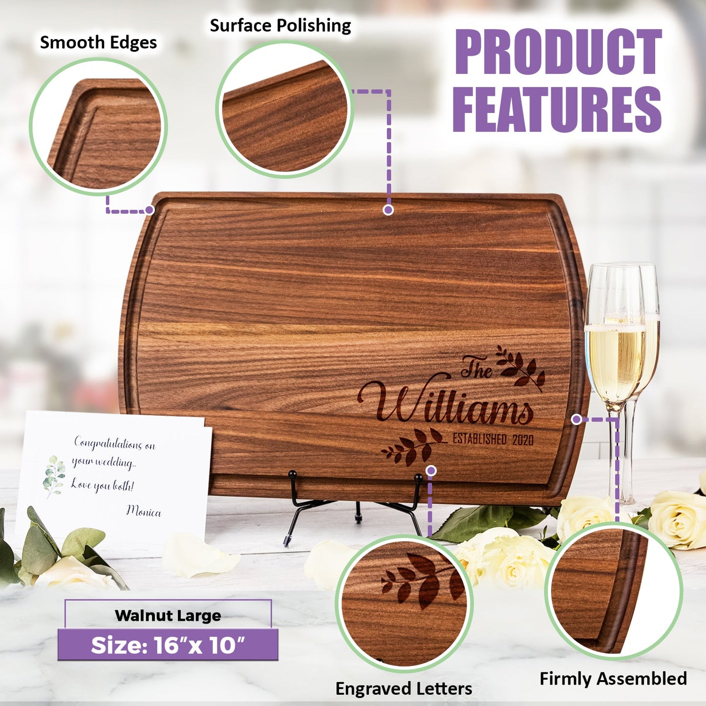 Custom Family Cutting Board with Leaf Motif and Established Year - Tayfus