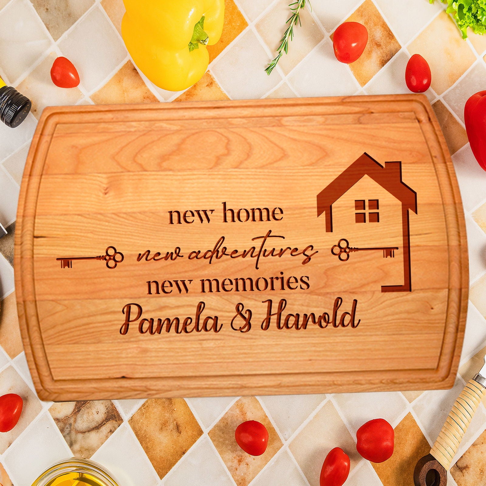 New Home Personalized Cutting Board with Key and House Design - Tayfus