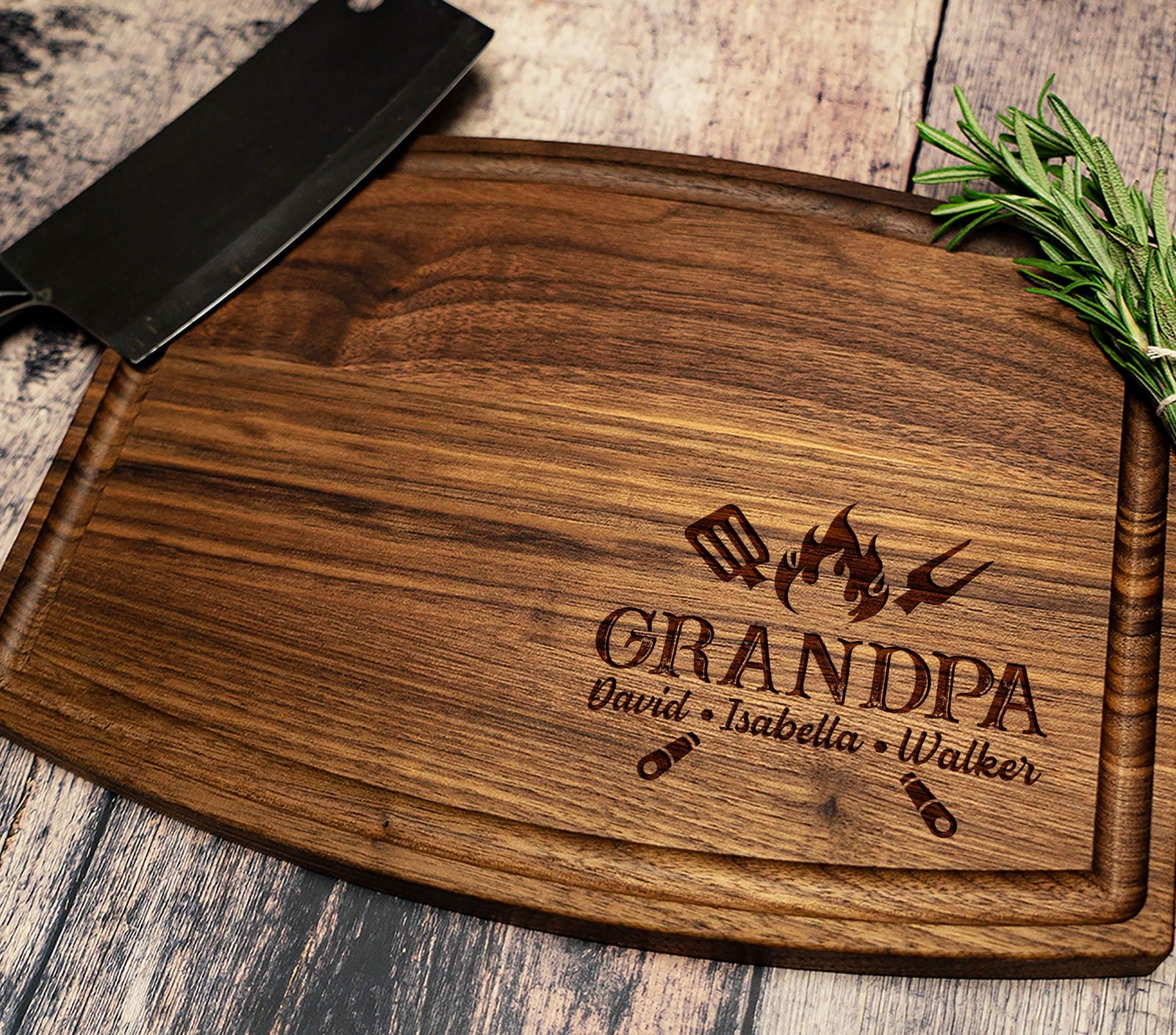 Personalized Grandpa BBQ Cutting Board with Family Names and Grill Tools - Tayfus