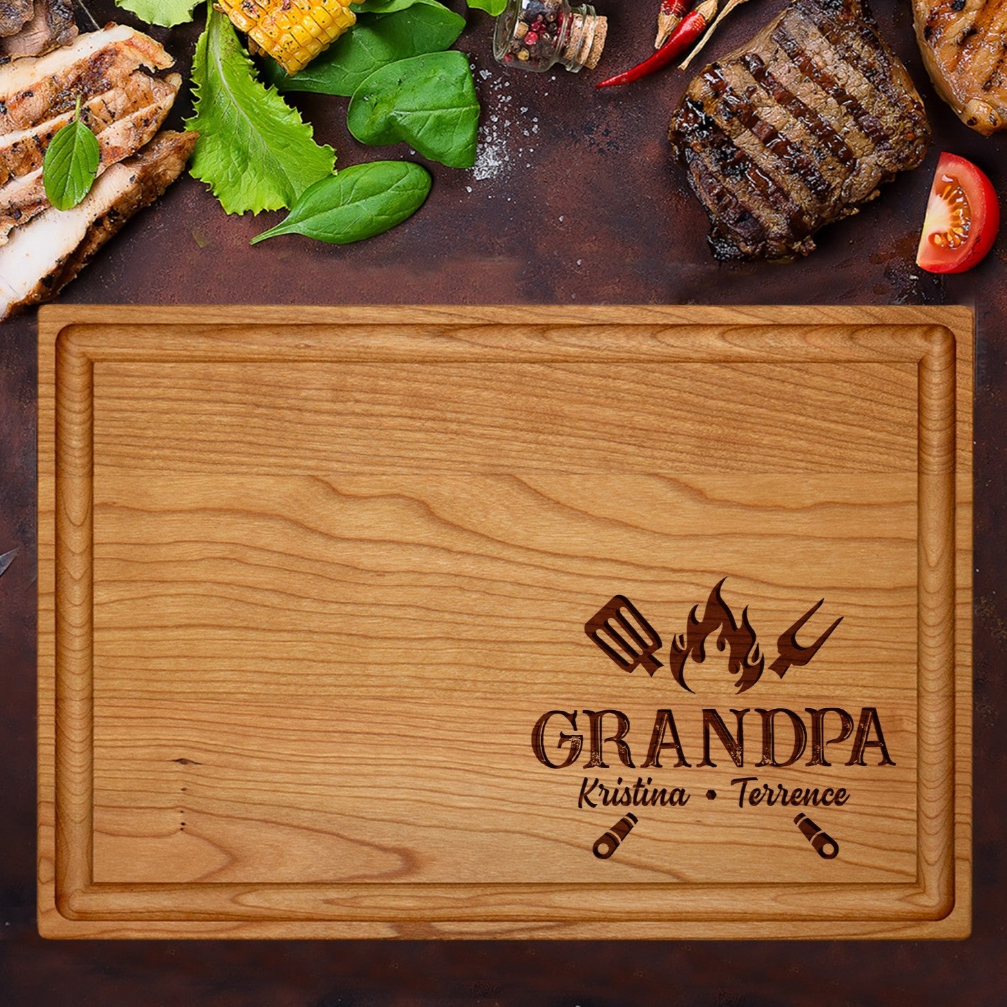 Personalized Grandpa BBQ Cutting Board with Family Names and Grill Tools - Tayfus