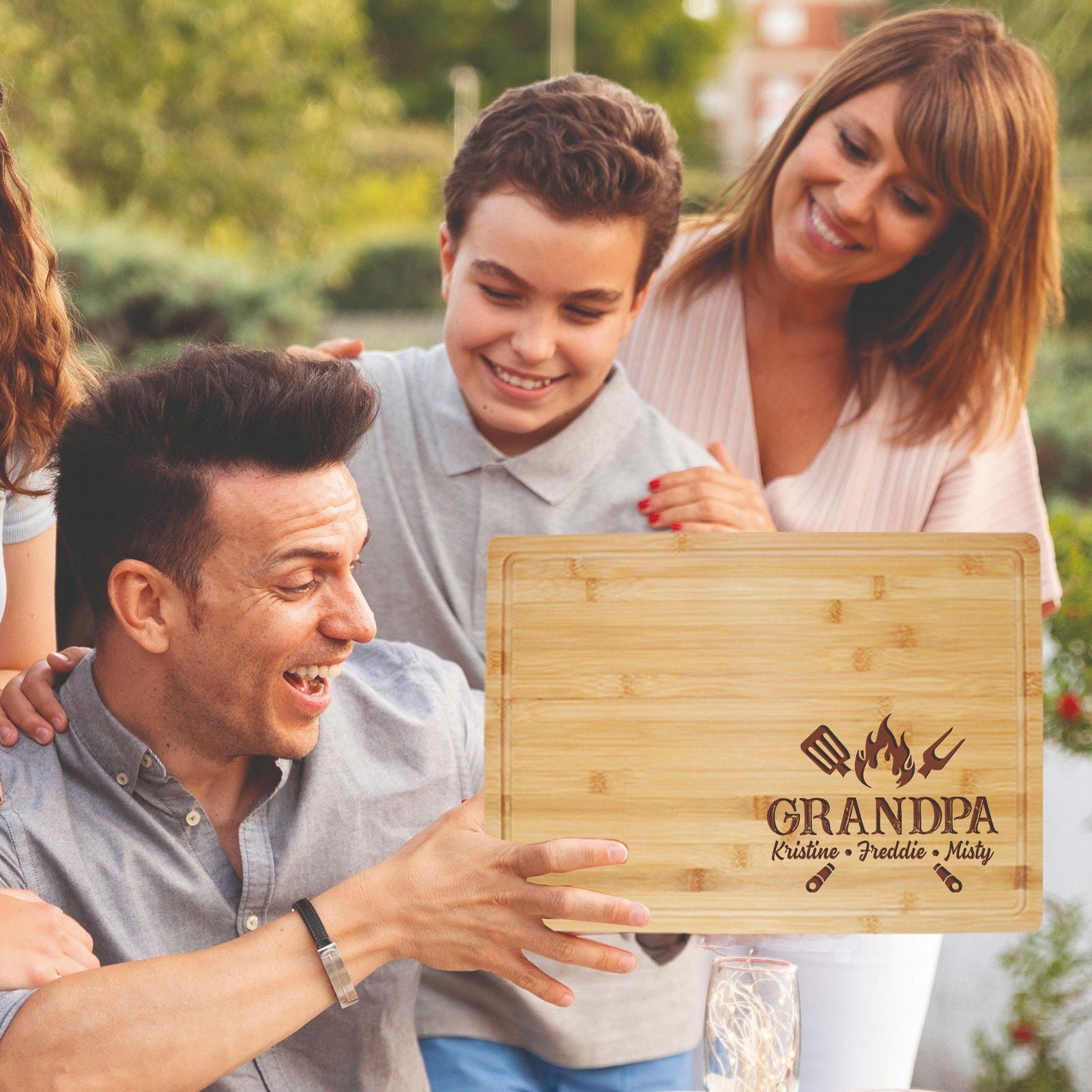 Personalized Grandpa BBQ Cutting Board with Family Names and Grill Tools - Tayfus