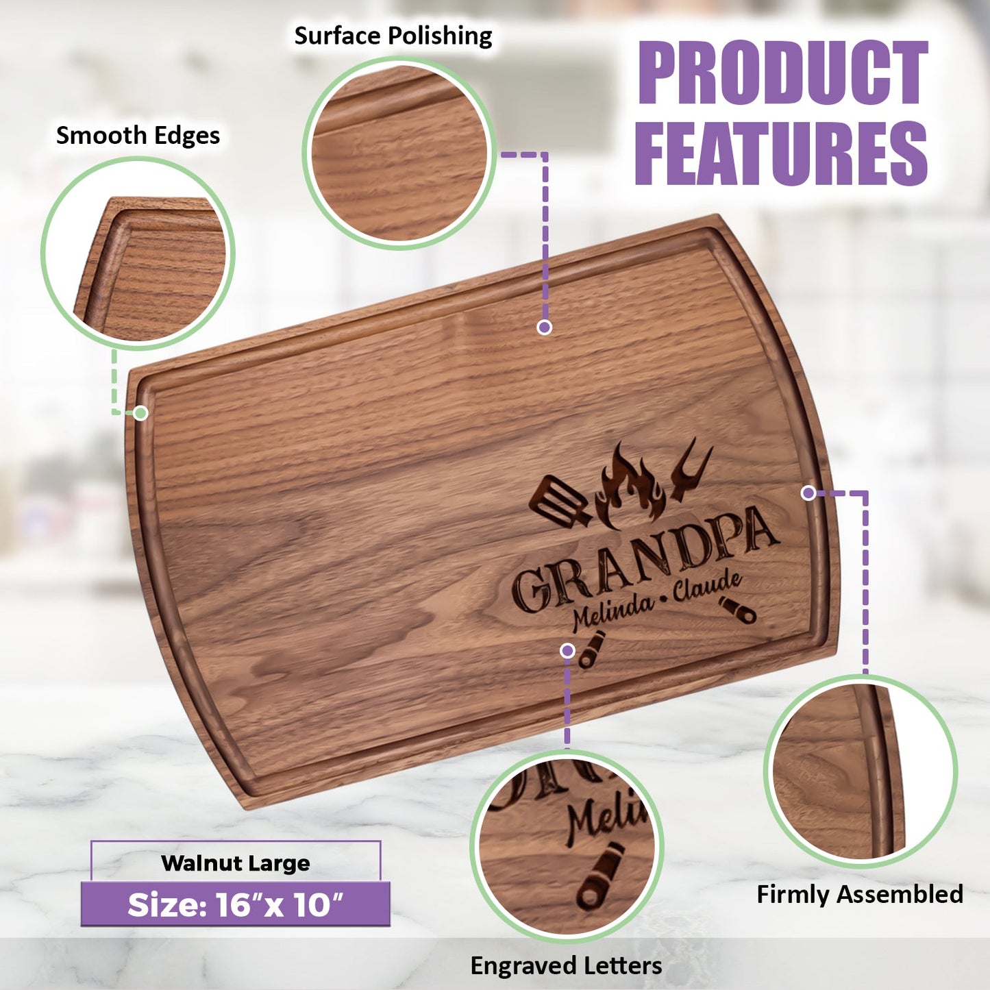 Personalized Grandpa BBQ Cutting Board with Family Names and Grill Tools - Tayfus