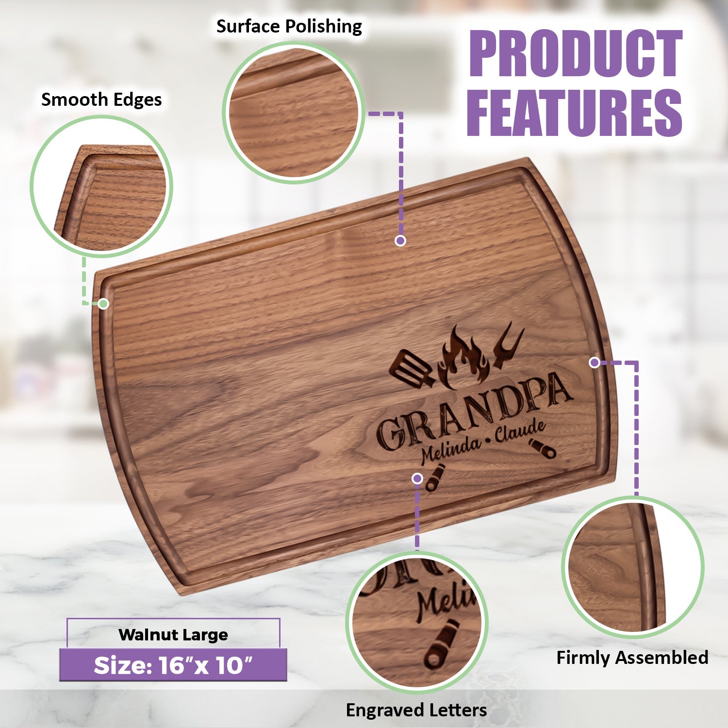 Personalized Grandpa BBQ Cutting Board with Family Names and Grill Tools - Tayfus