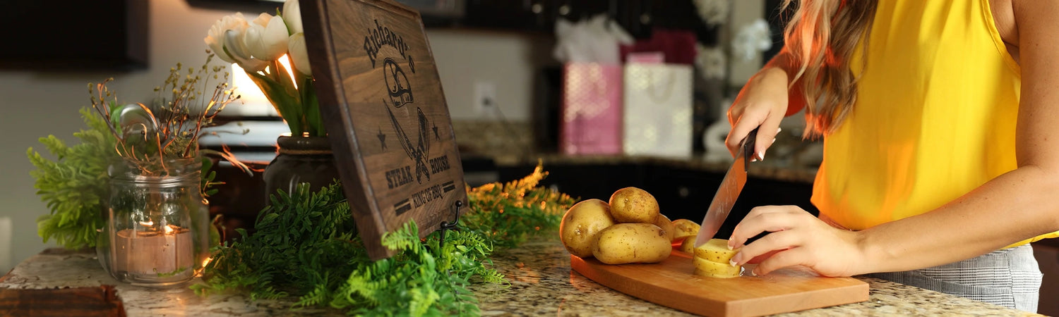 Engraved wooden cutting board in use - premium quality custom cutting board